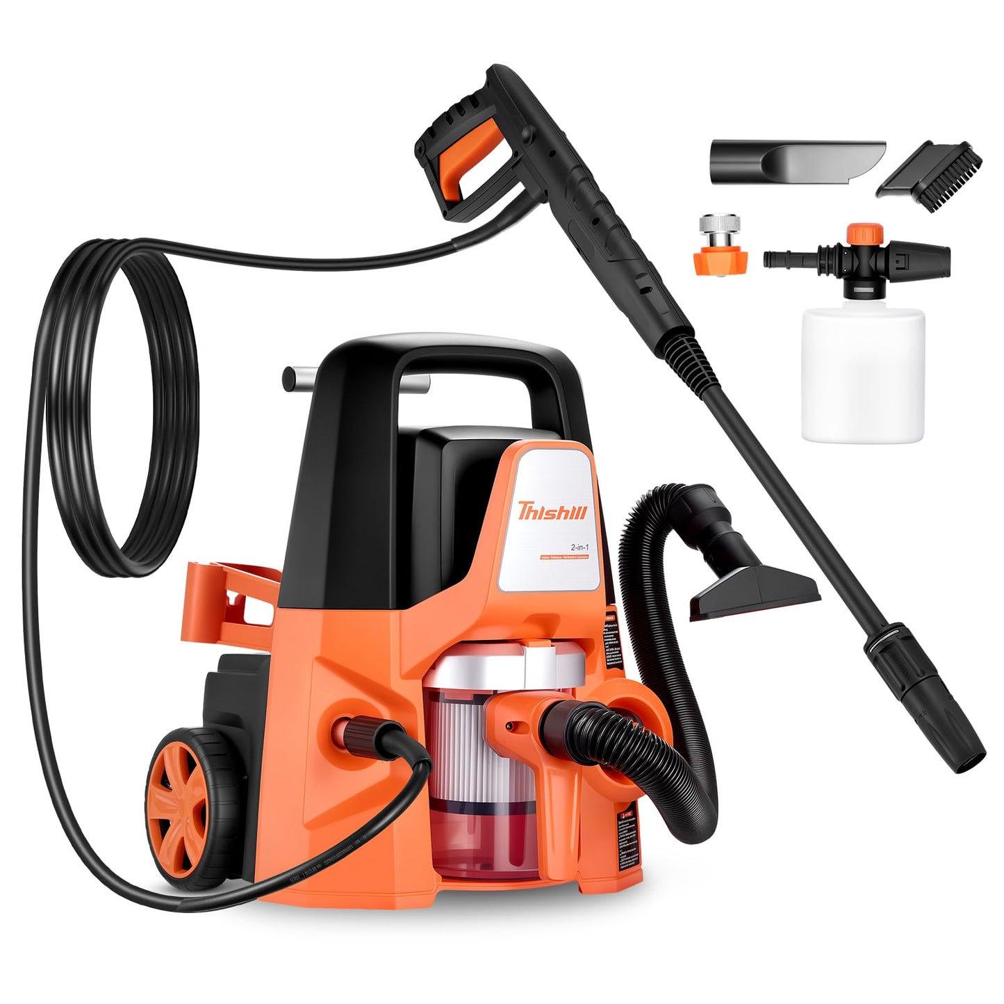 This Hill 4-in-1 Pressure Washer and Wet/Dry Vacuum, 2800 PSI Max 1.7 GPM Electric Power Washer, 1400W Multi-Function Cleaner with Blower and Foam Cannon for Cars, Patio, Garage and Home Cleaning