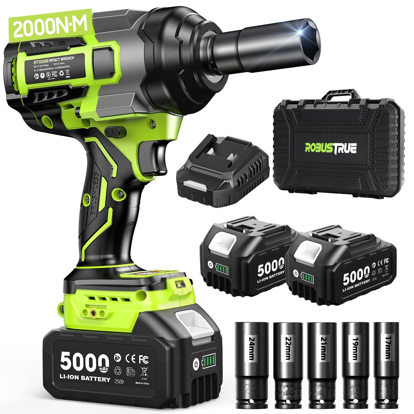 Robustrue Cordless Impact Wrench,1475Ft-lbs (2000N.m) 1/2 High Torque Brushless Impact Gun, 18V Power Impact Driver, 2 * 5000mAh Battery,5 Sockets, Brushless Variable Speeds for Car/Truck RV/Mower