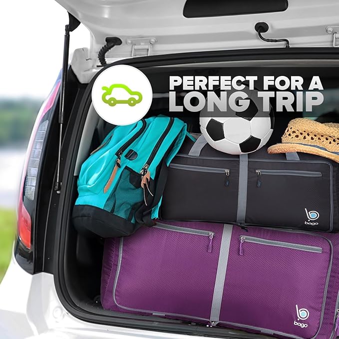 Bago Large Foldable Duffel Bags for Traveling Women & Men - 100L Packable Duffle Bag for Travel with Shoe Compartment - Water Repellant, Heavy Duty, Lightweight Folding & Collapsible (Purple)