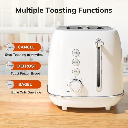 Keenstone 2-Slice Retro Stainless Steel Toaster - 6 Browning Levels, Reheat & Defrost, White