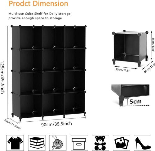 AWTATOS Cube Storage Organizer - Stackable 12-Cube Plastic Shelves for Closet & Home - Black