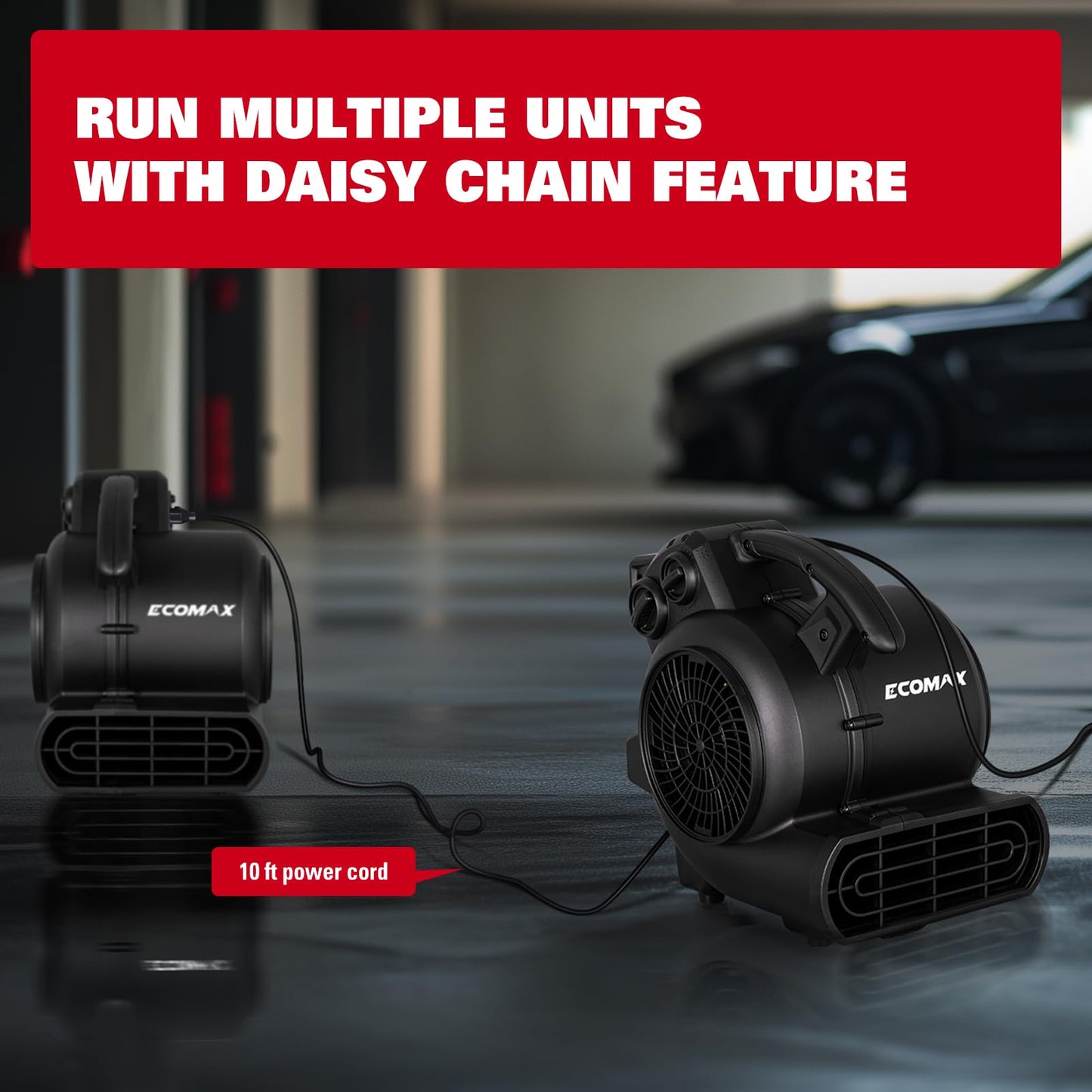ECOMAX Air Mover, 950 CFM, Floor Fan, Carpet Dryer, Blower Fan, 3-Speed Mode, 3 Blowing Angles, Daisy Chain, Timing Function, for Water Damage Restoration, Flooding, Plumbing, Gym and Home, EMAM1090A