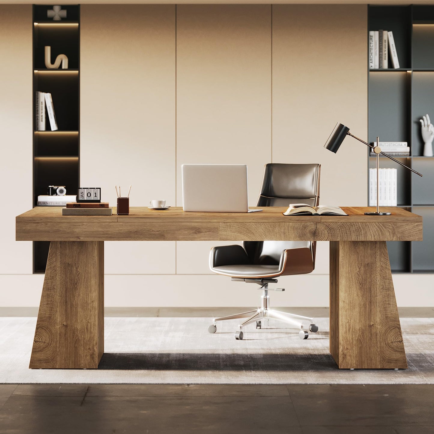 Tribesigns 55-Inch Executive Desk, Thick Wood Office Computer Desk with Double Pedestal, Modern Minimalist Workstations Writing Table Conference Table Furniture for Home Office, Brown