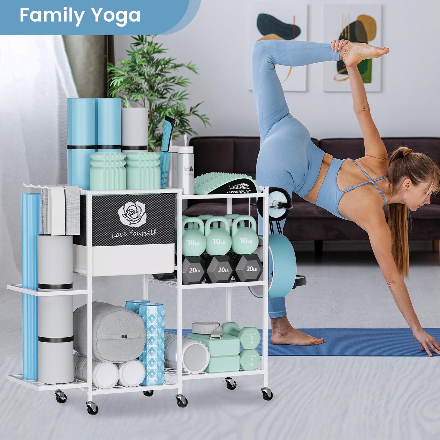 Yoga Mat Storage Rack，Home Gym Storage Rack Gym Workout Equipment Storage Organizeron Wheels for Yoga Mat,Yoga Block,Foam Roller and Workout Accessories (Beige)