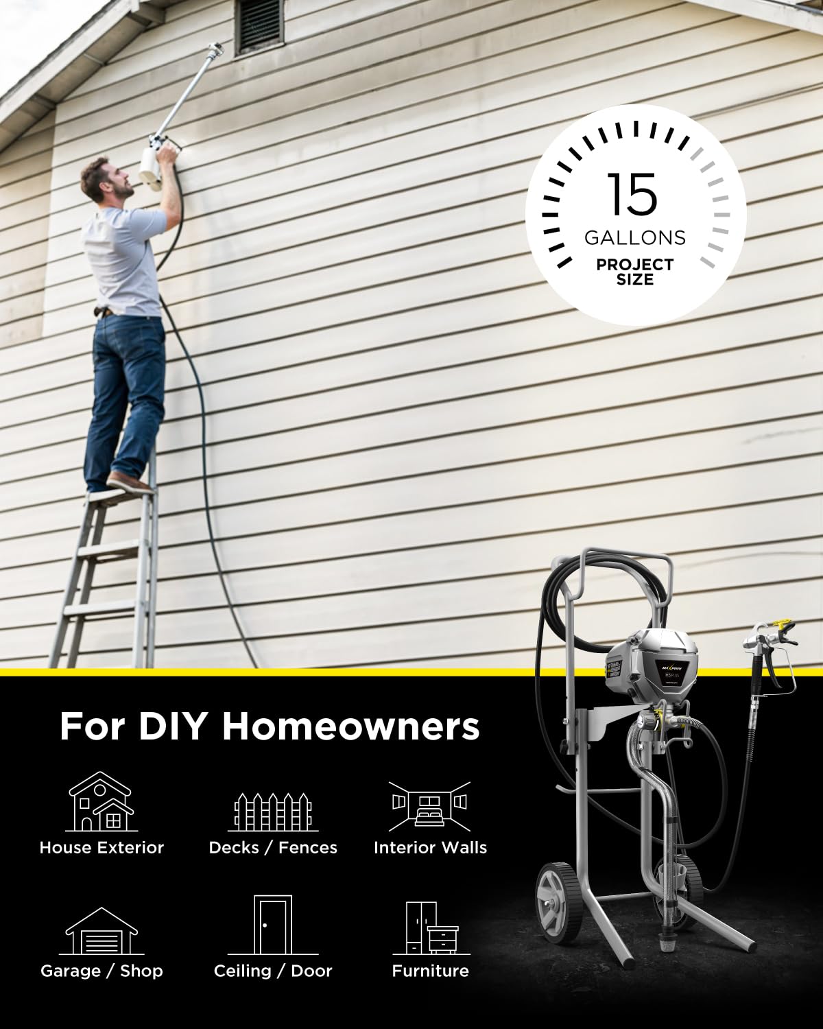 InoKraft MaXpray M3 Cart Airless Paint Sprayer, Highly Efficient Thinning-Free Minimal Overspray for Up to 15 Gallon DIY Painting Projects Home Interior & House Exterior, with Sprayer Accessories
