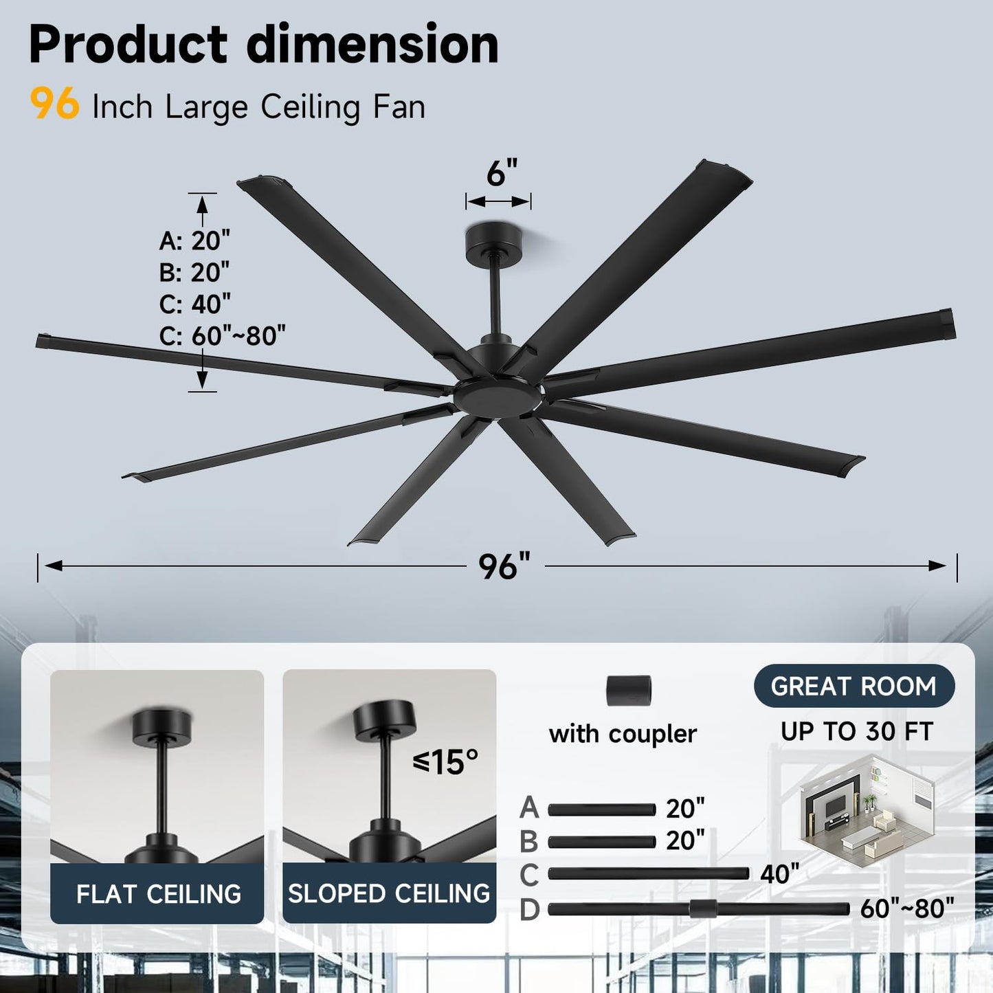 ZOEYON 96 Inch Industrial Ceiling Fan - Large Ceiling Fan with DC Motor, 3 Downrods, 6-Speed Remote Control, 8 Reversible Aluminum Blades, Black Commercial Ceiling Fans for Shop/Gym/Warehouse/Garage