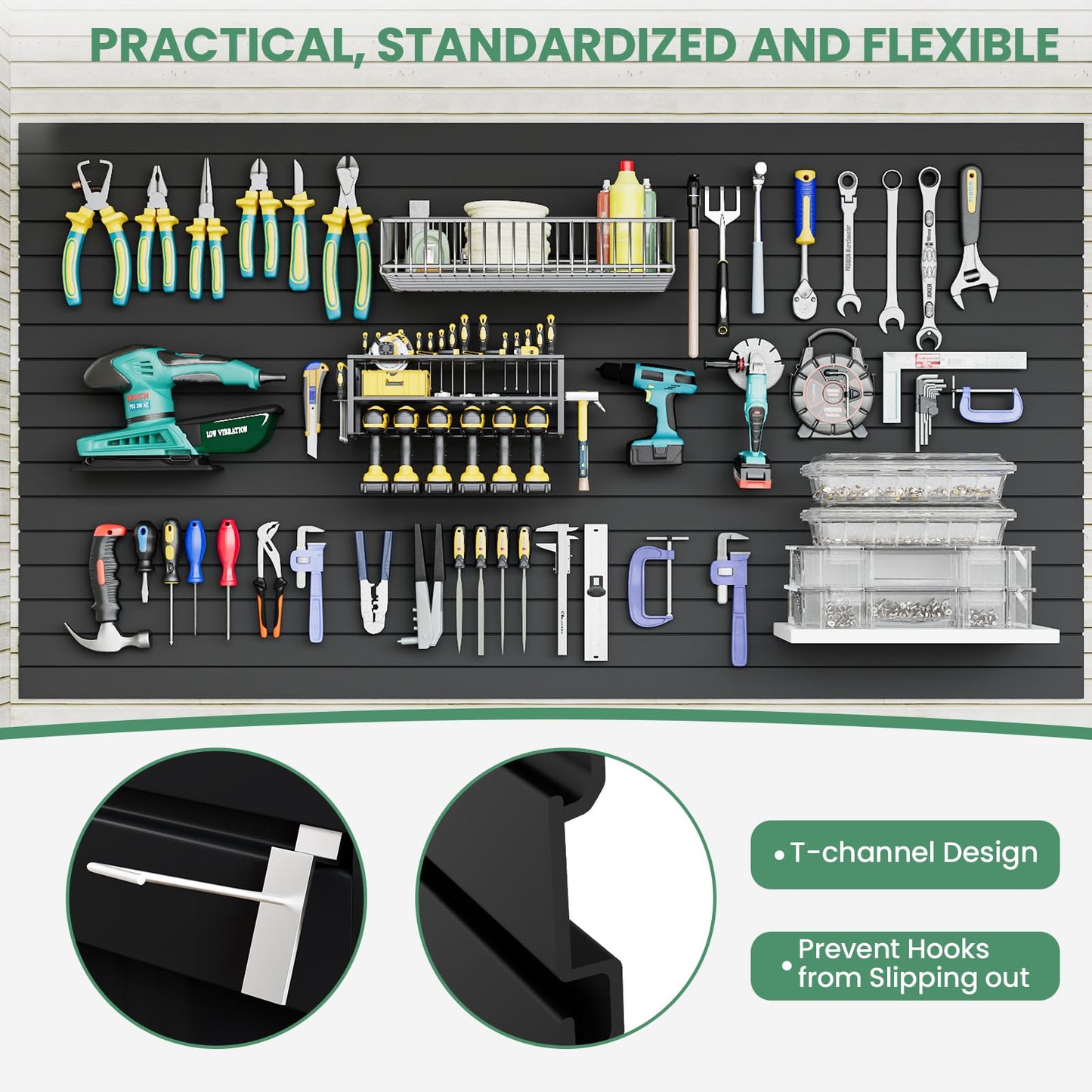 Noliven Slatwall Panel Wall Storage Systems, 4x8 ft Slat Wall Paneling Garage Wall Organizer with Six Hooks, Heavy Duty Wall Mounted PVC Wall Rack, Black