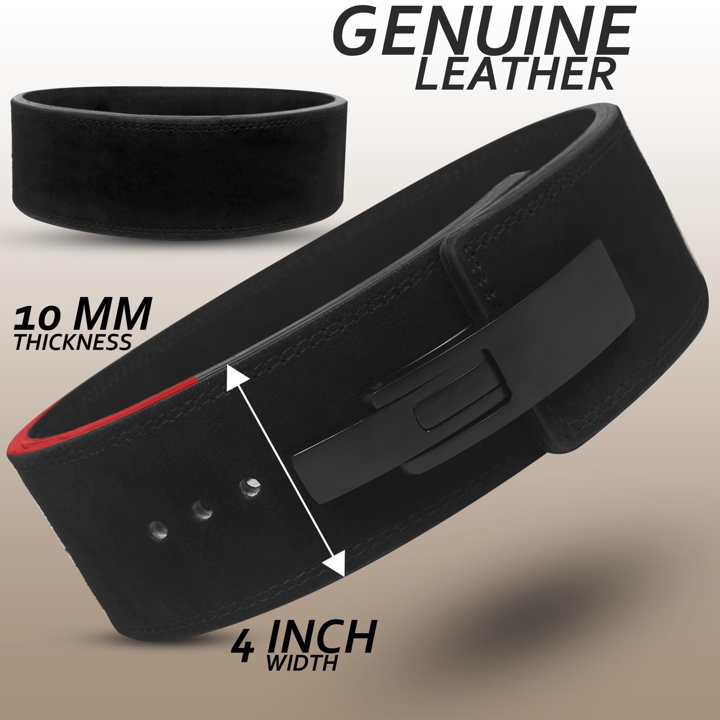 RAD Lever Weight Lifting Gym Belt for Men & Women, Size 25-42 Inches, Thick 10MM & Width 4 Inch, Jet Black Leather
