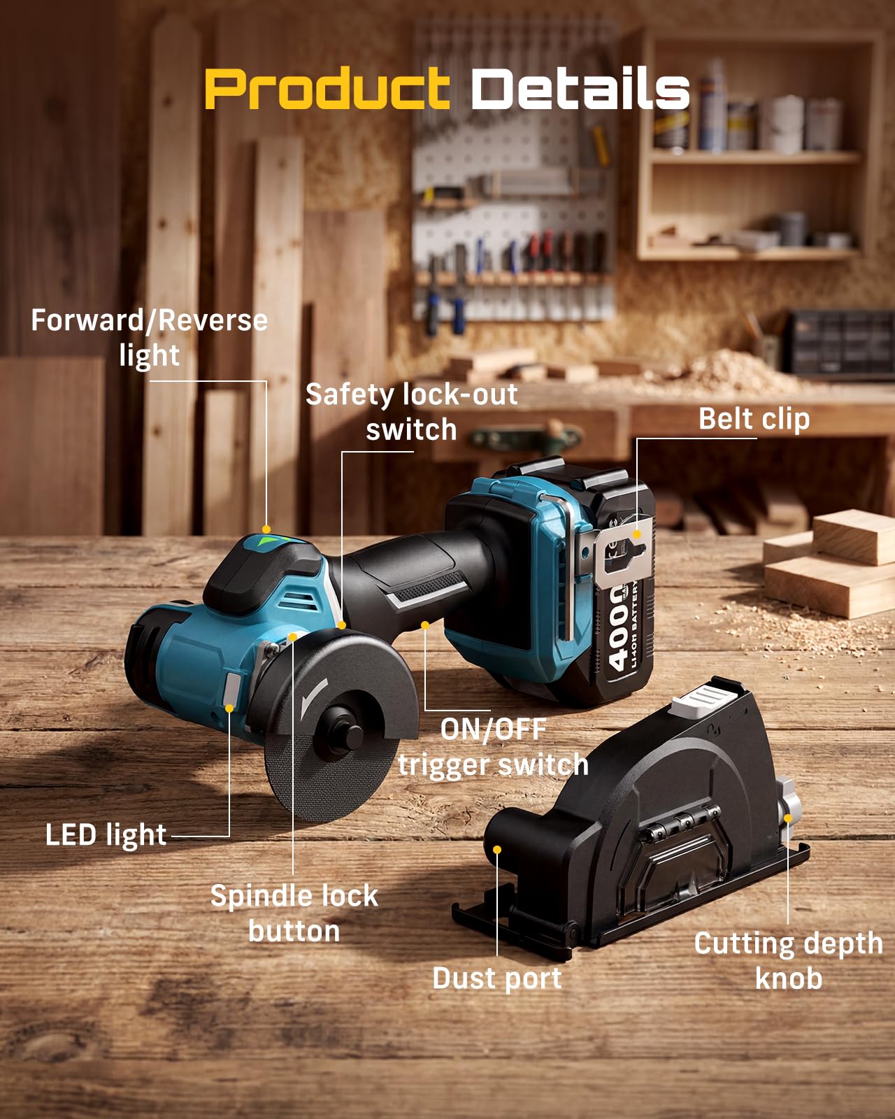 Seesii 3" Cut Off Tool Cordless 21V Max - Brushless & Compact, 20000 RPM Mini Circular Saw with 3/8" Arbor Blades, 0.1s Brake, Forward/Reverse, 2×4.0Ah Batteries for Wood, Metal, Tile, Rebar