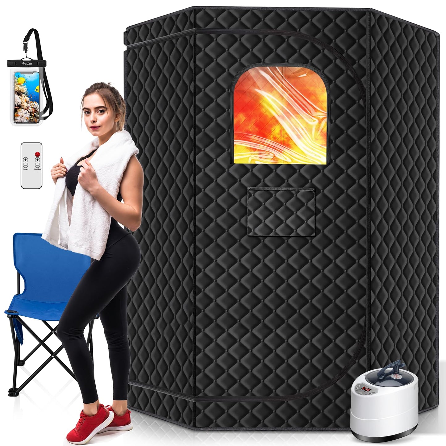 Portable Sauna Box for Home, Personal SPA Steam Sauna with 10 Min Fast Heating & 9 Levels Heat, Warm Sauna Tent with 3L/1500W Steamer, Folding Chair, Remote Control for Body Relaxation