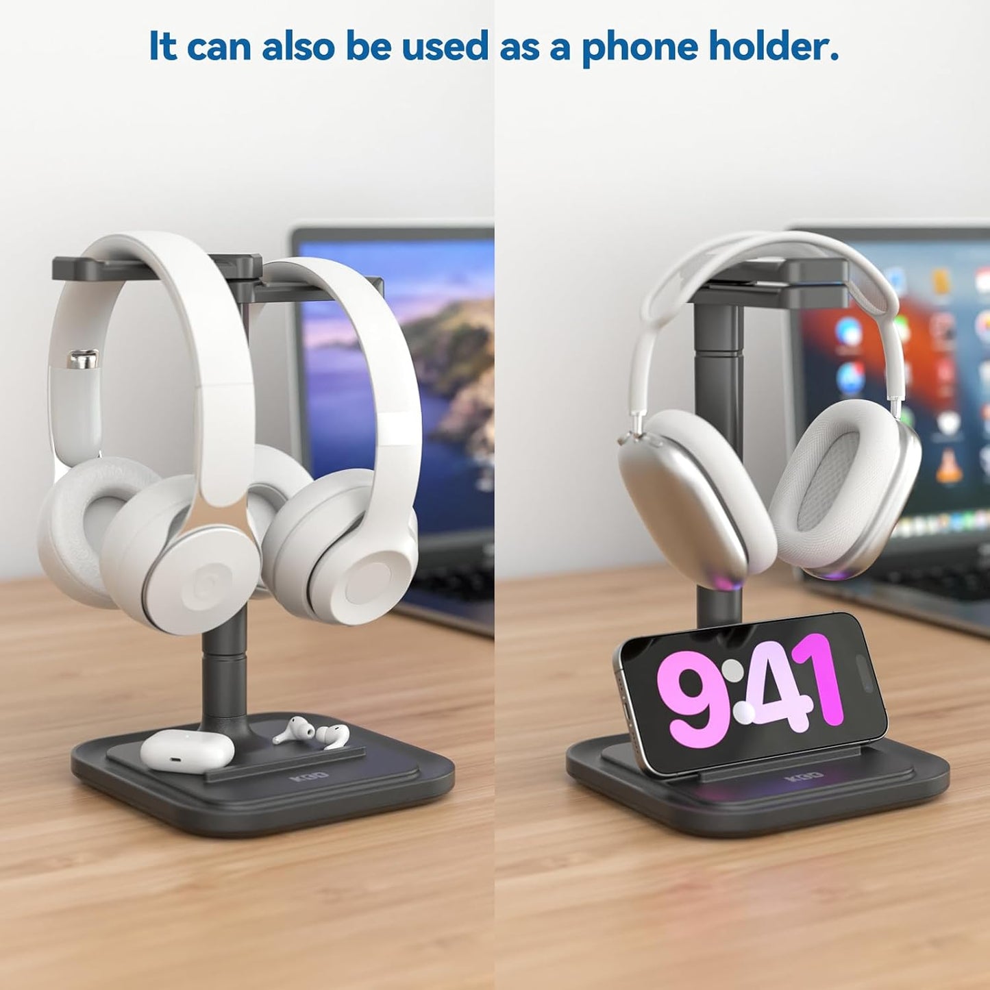 KDD Headset Dual Headphone Stand for Desk - Rotatable Hanger with Phone Holder - Removable Non-Slip Base for Gamers