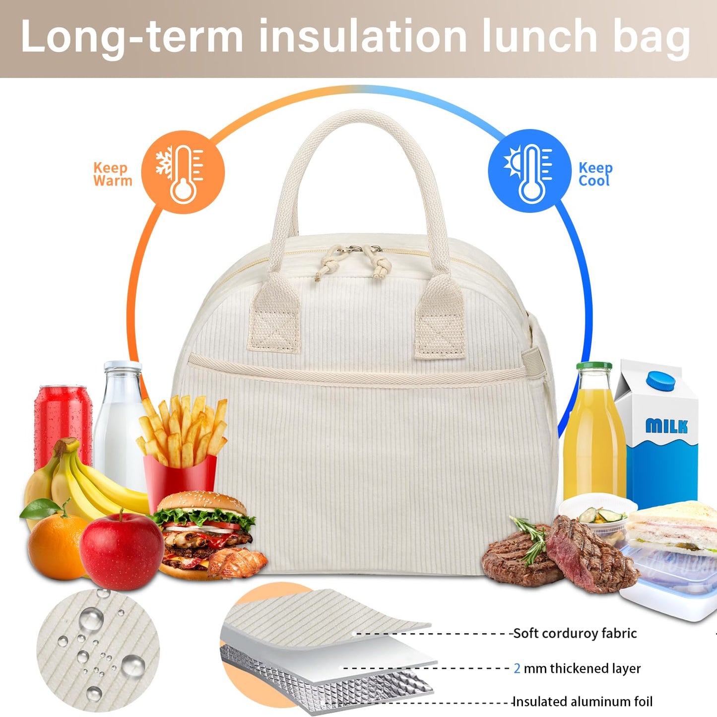Carry bloom Lunch Box for Women, Insulated Lunch Bag Cute Corduroy Lunchbag Reusable Lunchbox for Work (bb pink corduroy)