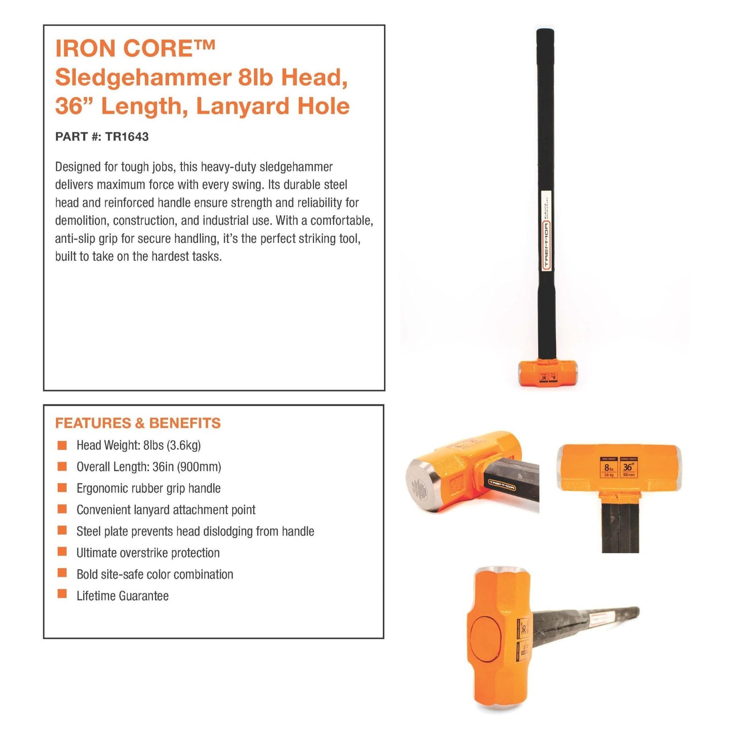 TREMMOR Sledge Hammer 8lb Heavy Duty Sledgehammer with IRON CORE Steel Reinforced Rubber Handle | Sledgehammers for Demo, Pros, Industrial (36 in. Length) TR1643