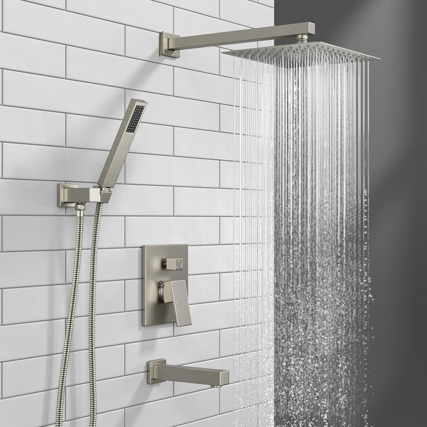 Lava Odoro Modern 3-Setting Square Shower and Tub Faucet Set with Shower Head and Handheld Sprayer Brushed Nickel, Rainfall Shower System with Tub Spout, Shower Valve Trim Kit, SF103-BN-T