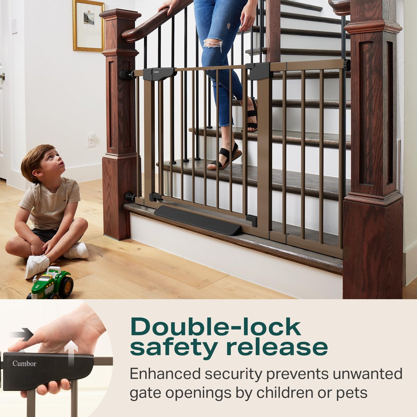 Cumbor 2 Pack 30-46" Baby Gate for Stairs, Mom's Choice Awards Winner-Auto Close Dog Gate for doorways, Easy Install Pressure Mounted Pet Gates Indoor, Easy Walk Thru Wide Safety Gate for Dog, Brown