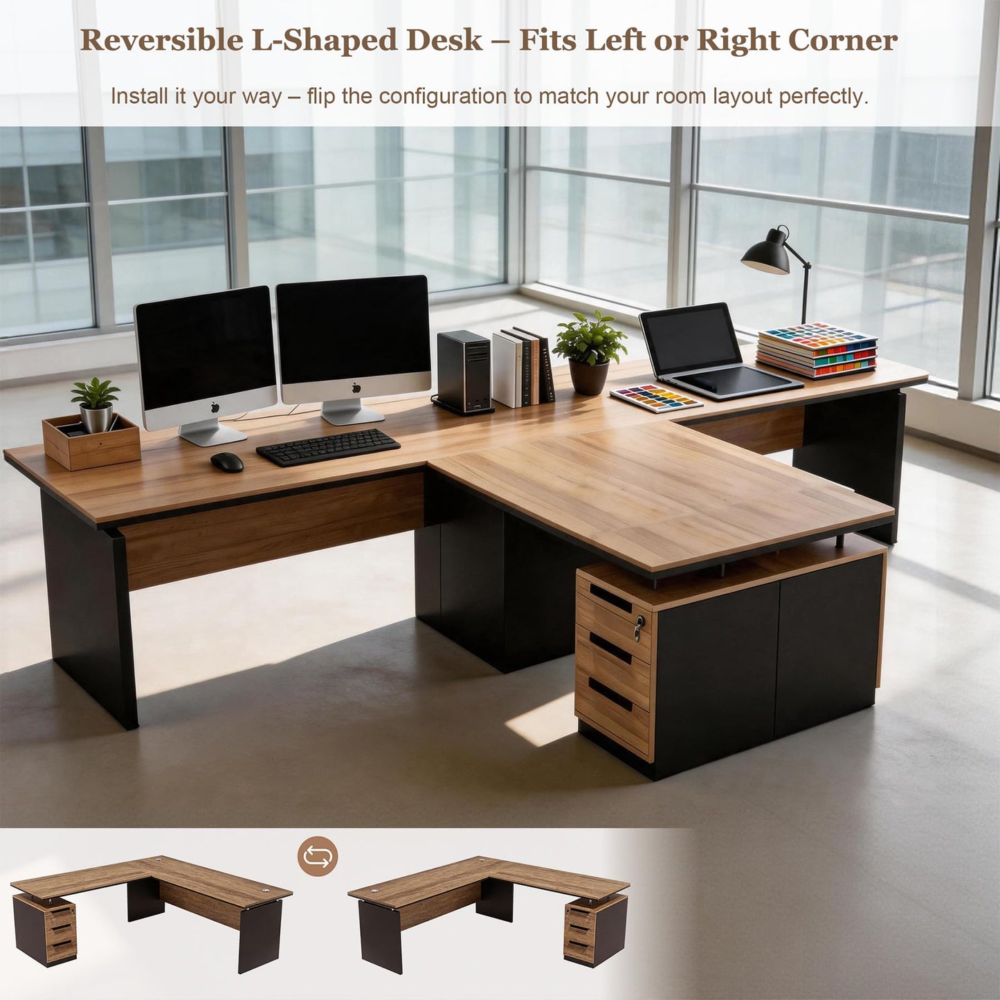 SAINTCY 63" L Shaped Executive Desk with Locking Drawer & Privacy Panel, Industrial Modern Wood Office Desk with Cable Management, Solid One-Piece Reversible for Home or Business Workspace (2)