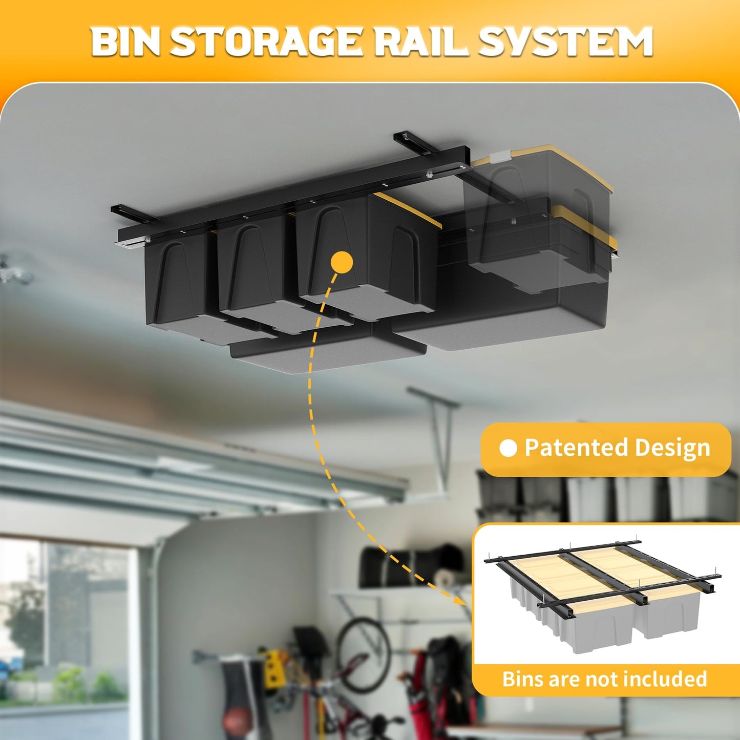 WALMANN Overhead Tote Storage Rail System, Garage Ceiling Bin Storage Rack Heavy Duty Adjustable Tote Slide Rails(Black, Bins are not Included)
