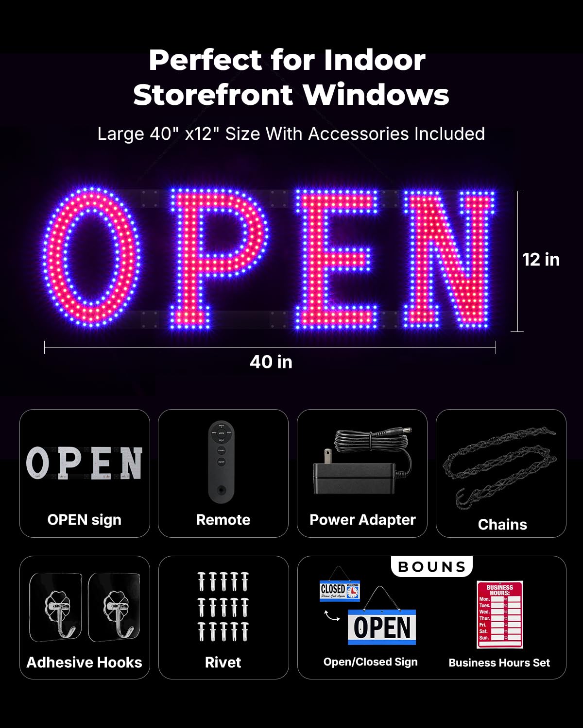 LemonNova Red Blue Open Sign for Business, 40 x 12 Inch LED Window Sign with Remote and Bluetooth App Control, Timer, 14 Flashing Modes, Adjustable Brightness Speed for Salon Cafe Bar Restaurant Retail