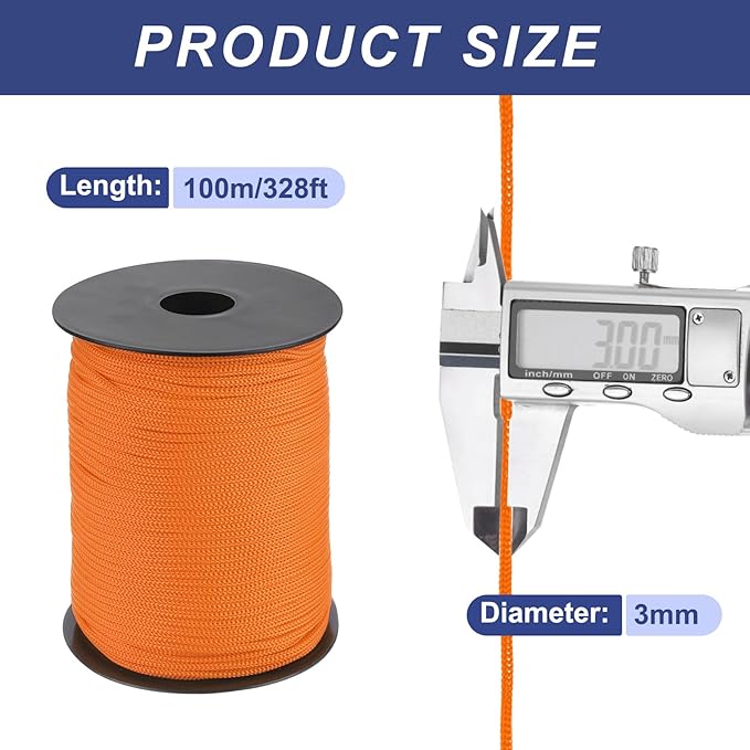 MECCANIXITY 1/8 Inch Polypropylene Rope Braided Ropes, 328ft Nylon Rope Hollow Utility Cord for Clothesline, Camping, Hiking, Outdoor, Light Orange