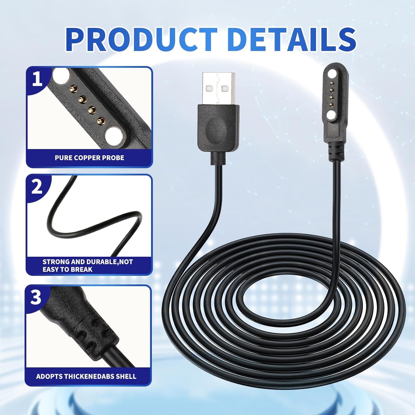 BaiWeiDun 4 7.62 mm Smart Watch Charger Cable, Universal Magnetic SmartWatch Accessories Charger Cable Pin Cord