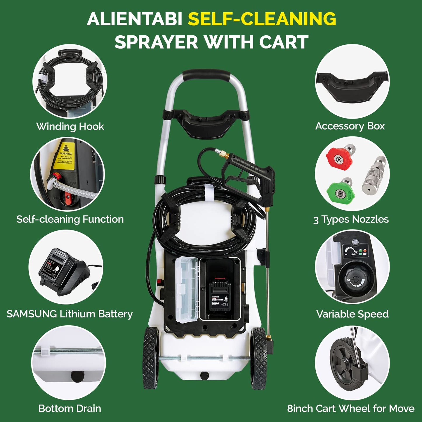 ALIENTABI 8 Gallon Backpack Sprayer with a Cart, Self-Cleaning Garden Sprayer, Heavy Duty Sprayer for Weeding, Cleaning, No Gear Limit, Variable Pressure