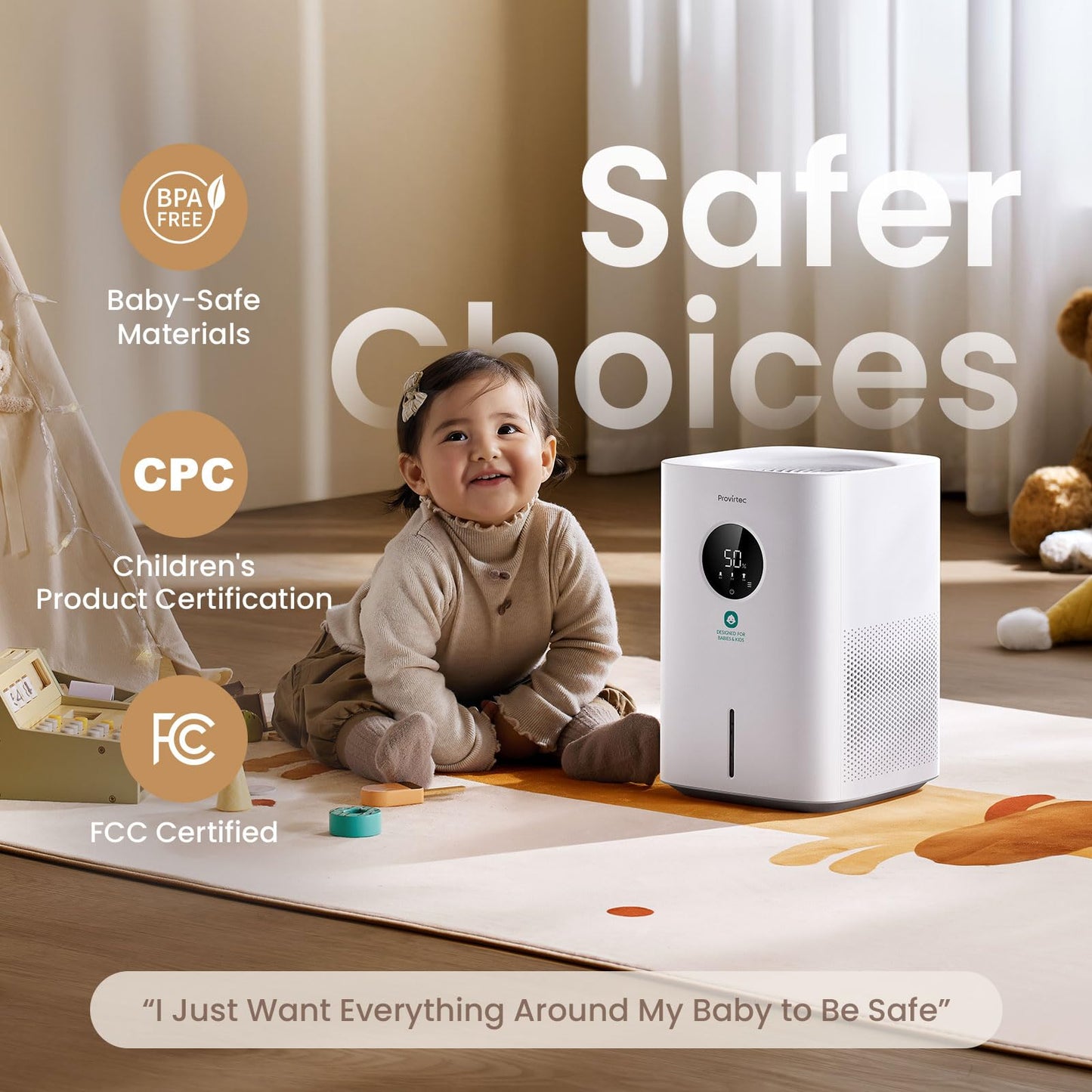 Provirtec Pro Baby Evaporative Humidifier for Bedroom, MistFree & No White Dust, BPA-Free and 16dB Quiet Sleep for kids, 3 Age-Modes, Auto Control, Tap Water Safe, 4L Easy Clean Tank for Nursery