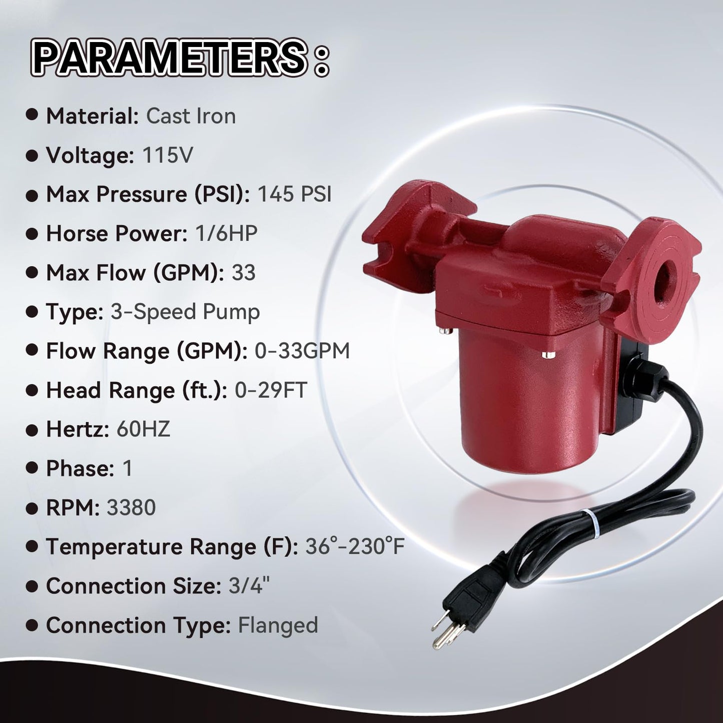 UPS26-99FC Circulator Pump/Boiler Pump 1/6HP Cast Iron Compatible with Grundfos 52722512 Radiant Heating/Hydronic Heating/Fan Coil Heating/Solar & Other System Types 115V