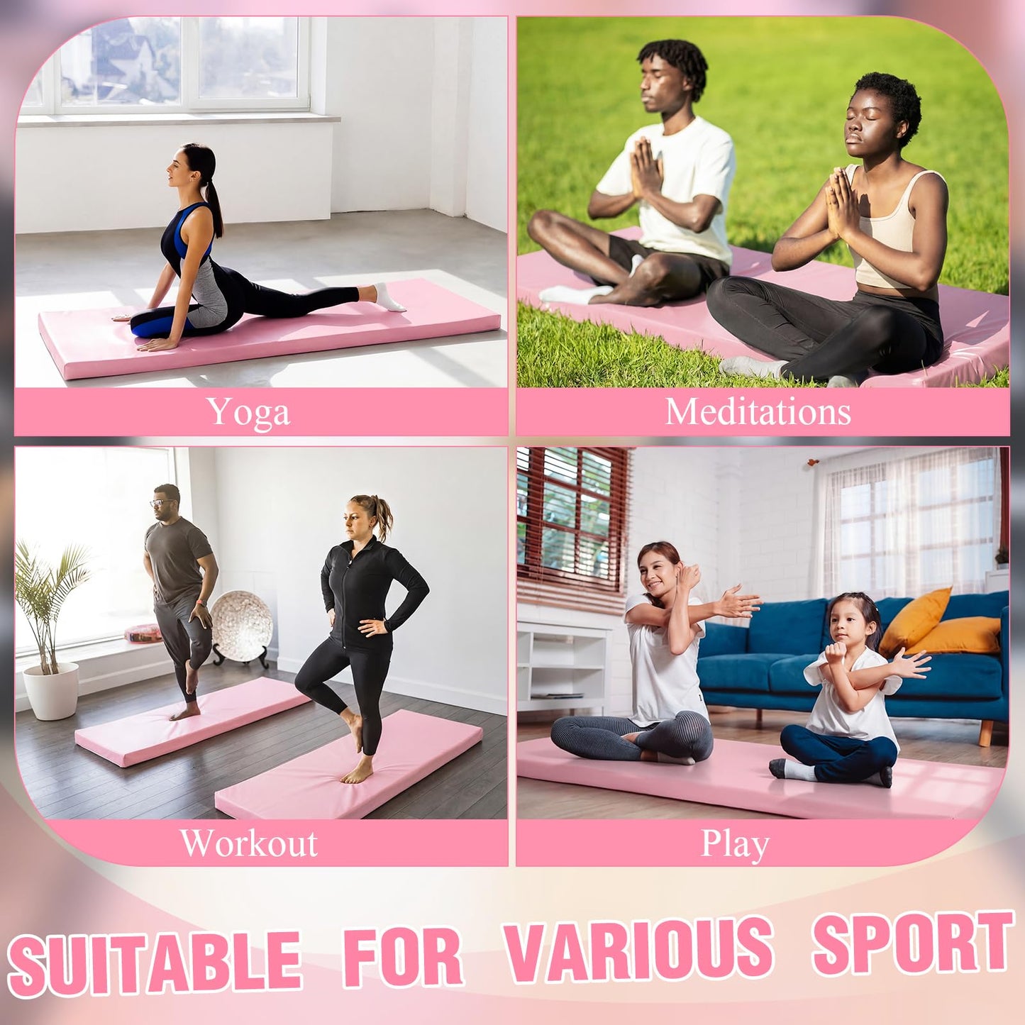 Lyrow 3 Inch 72"x 24" Thick Foldable Yoga Mat with Carry Strap, Non-slip Portable Foam Gym Mat for Yoga, Pilates and Stretching(Peach Pink)