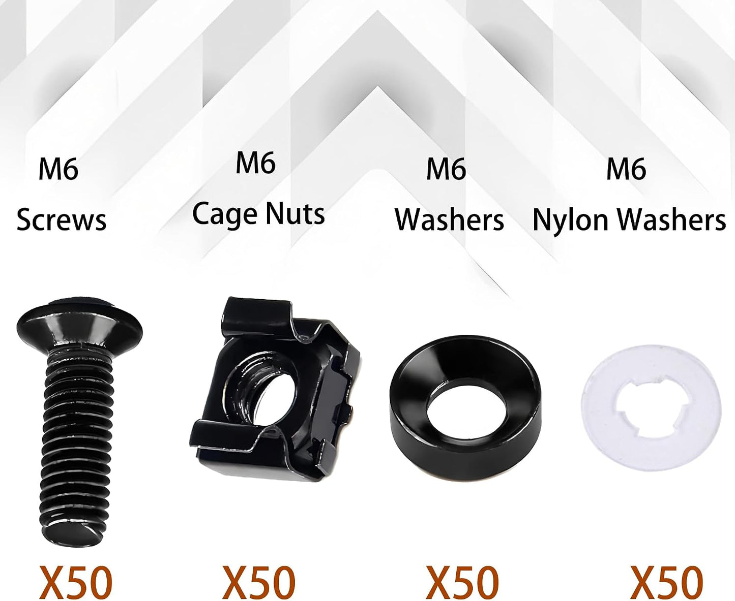 ZCLGOOD 50PCS M6 16mm Set, x Rack Mount Cage Nuts, Screws & Nylon Washers Black Carbon Steel Hardware Kit for Server