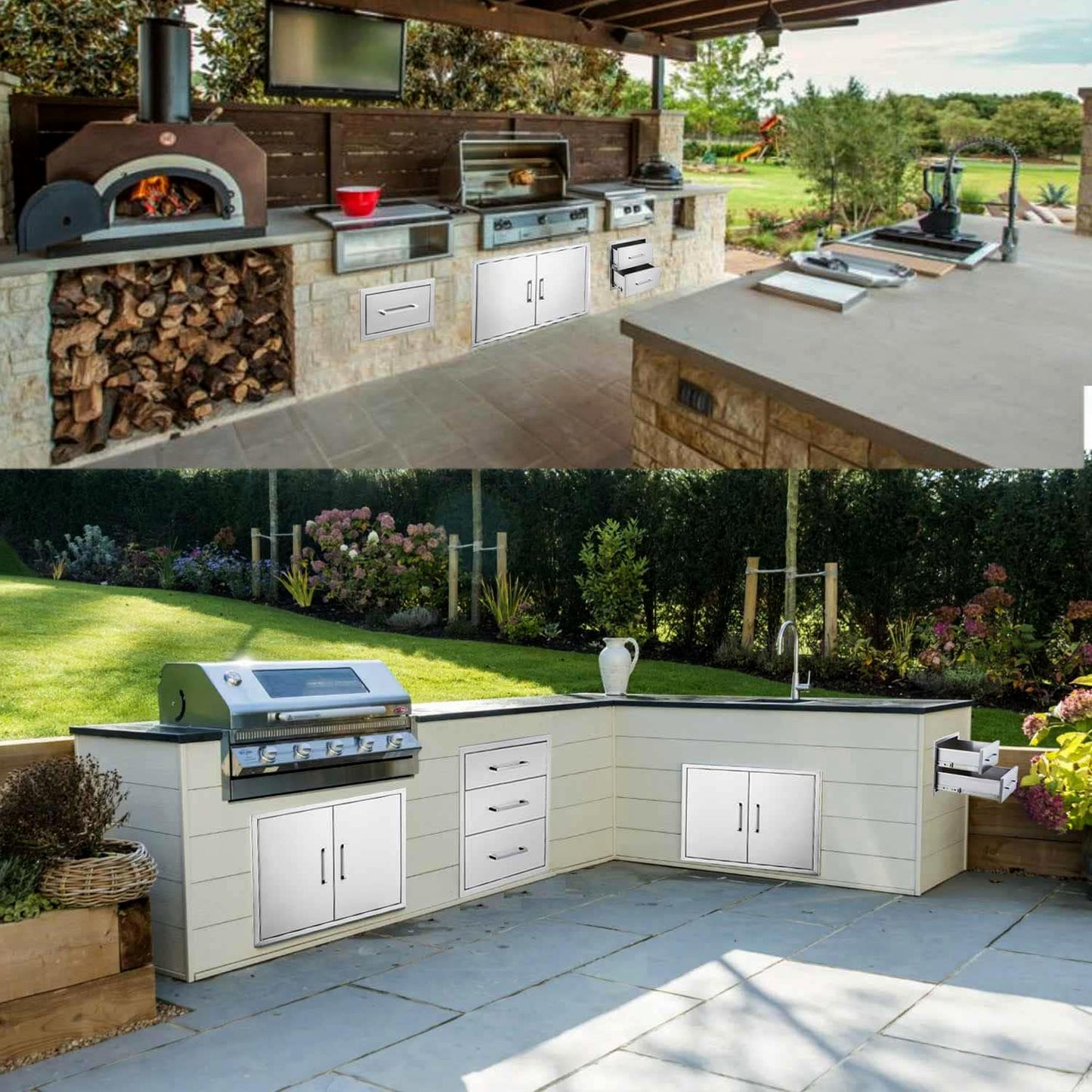 ZHAIUPON Outdoor Kitchen Access Drawers, 14" W15"H23"D Stainless Steel Double BBQ Drawers with Handle,Enclosed Built-in Flush Mount Drawers for Outdoor Kitchen Grilling,BBQ Island