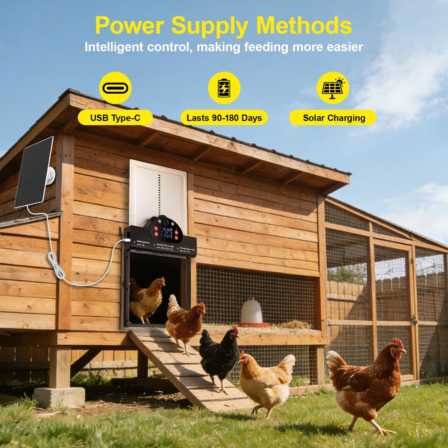 Solar Powered Automatic Chicken Coop Door with 2K Camera, 10m Night Vision Alarm, IP65 Wireless Auto Opener, 6-Month Battery Life, APP Control & 2-Way Audio, Anti-Pinch Safety Design