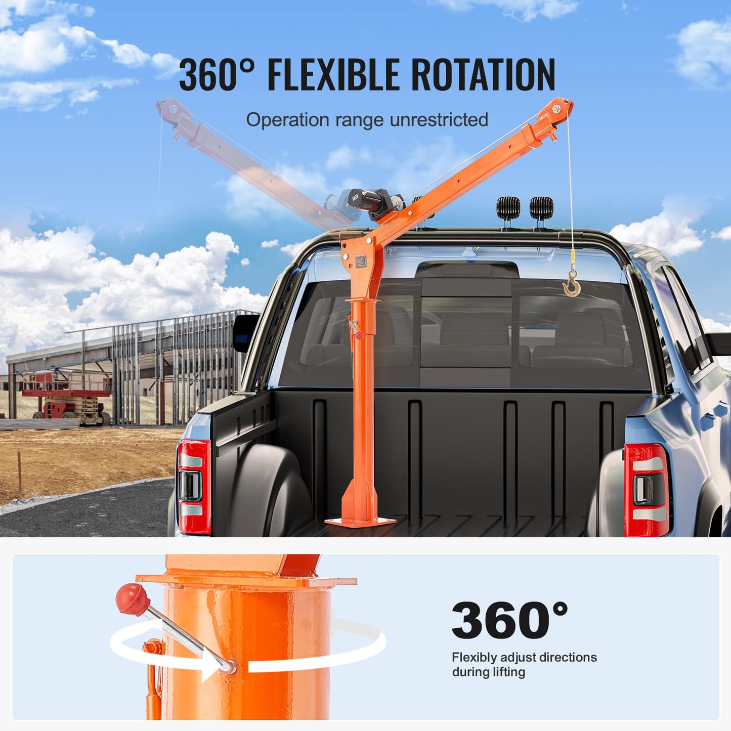 VEVOR Electric Pickup Truck Crane, 1100 lbs, Folding Truck-Mounted Bed Crane with Electric Winch 3500 lbs, 360° Swivel for Lifting Goods in Construction, Factory