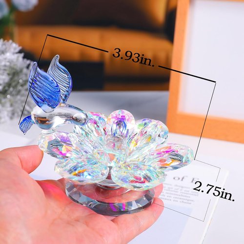 Movdyka Crystal Figurine - Blue Hummingbird Lotus Flower Decor | Elegant Glass Ornament for Home