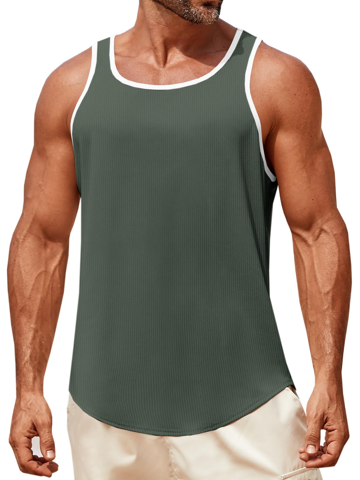 Runcati Mens Sleeveless Tank Tops Workout Muscle Gym Knitted Shirt Athletic Bodybuilding Slim Fit Ribbed T Shirts Army Green