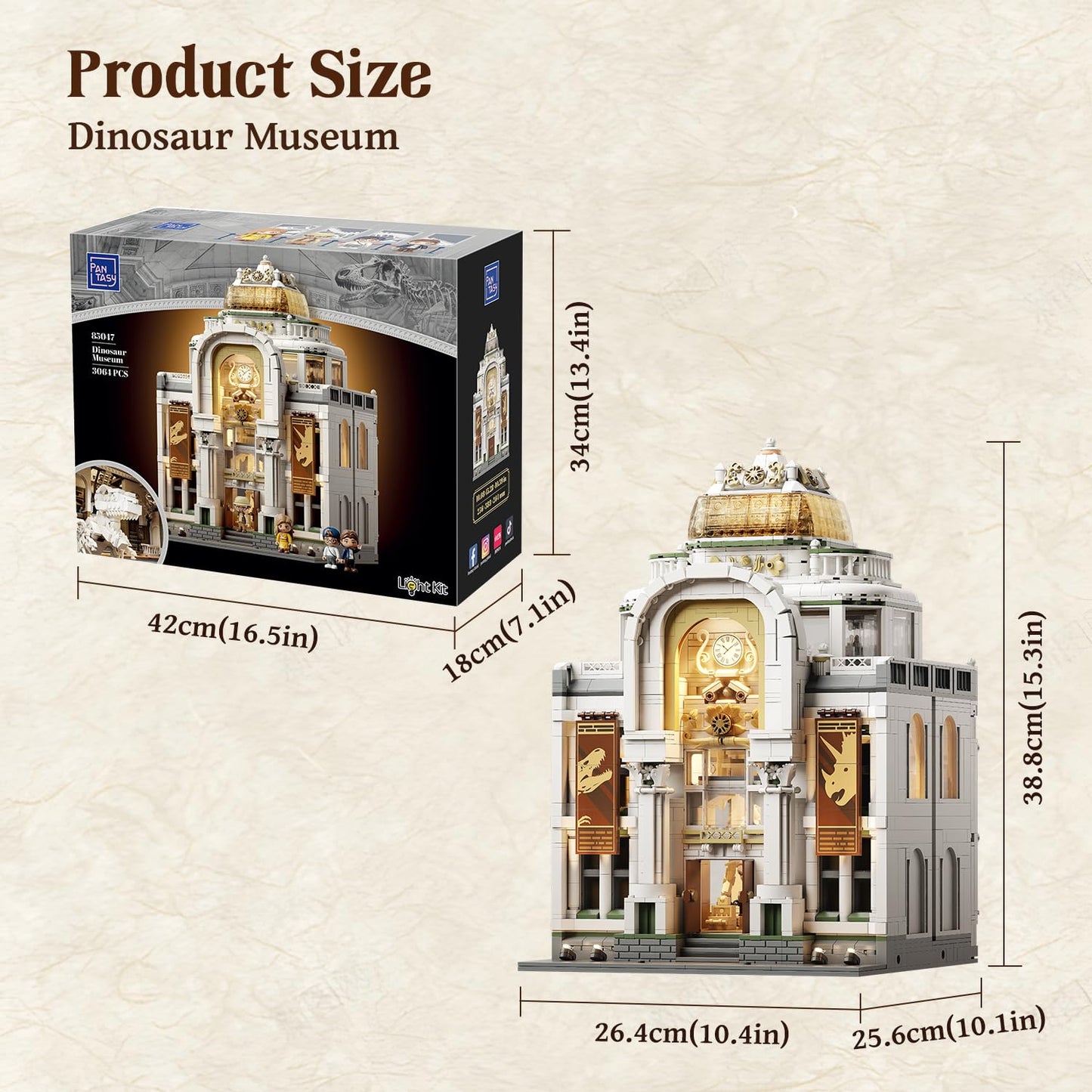 PANTASY Light Up Dinosaur Museum Building Blocks, Baroque Architecture Expandable Double Hall Model, Modular Building Set, 11 Lights, Street View Compatible Collectible Interactive Display Set