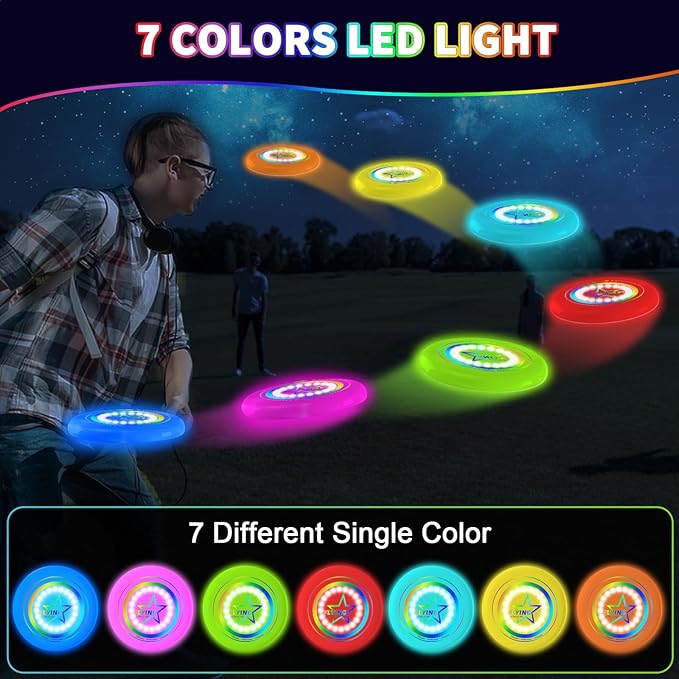 Pro Glow in the Dark Flying Disc for Kids Adults, 7 Lighting Smart Modes Flying Ring Toy for Outdoor Game, Camping Essentials for Kids/Teens/Boy/Girl, Safe, Waterproof, 175g, Lawn, Yard, Beach Toy