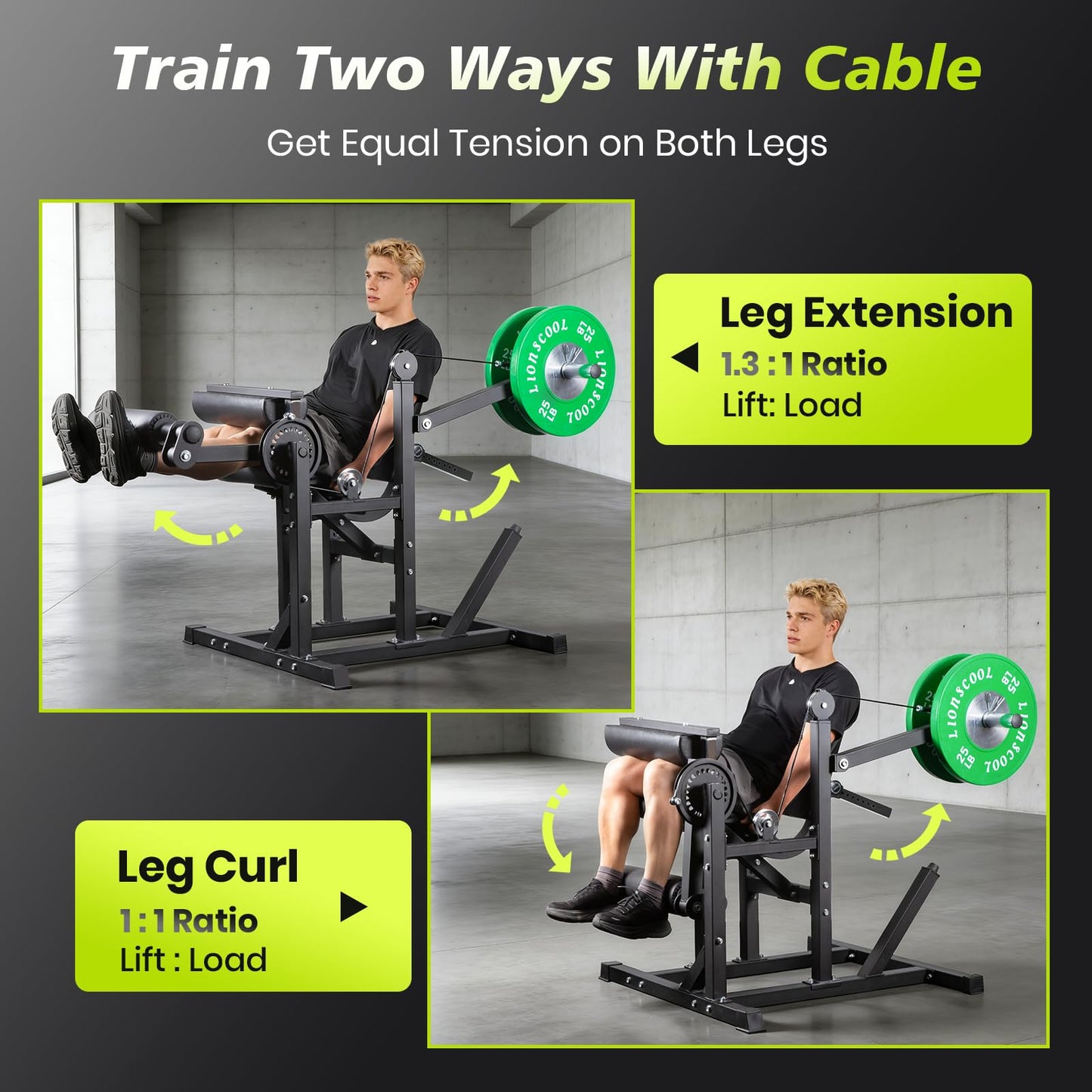 LIONSCOOL Leg Extension and Curl Machine, 600lbs Adjustable Seated Leg Extension and Hamstring Curl Bench, 2" Plate Loadable Lower Body Exercise Cable Equipment for Home Gym, Barbell Clips Included