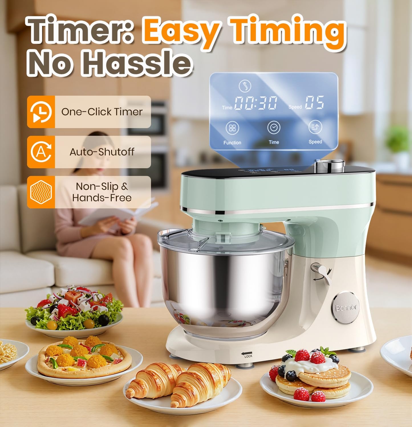 Bonnor Stand Mixer, 6QT Electric Kitchen Mixer for Baking Cakes & Dough, LED Smart Touchscreen, 11-Speed Tilt-Head & Timer, 4 Presets, Mixer with Bowl, Dough Hook/Whisk/Beater, Green