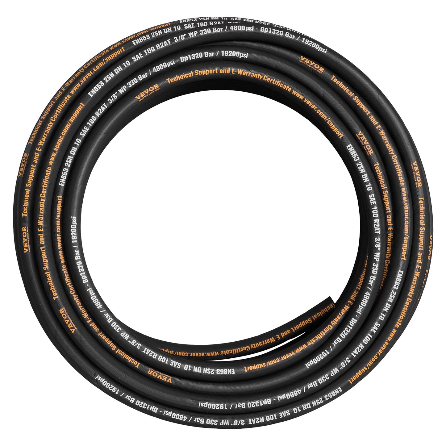 Hydraulic Hose 3/8 Inch x 100 Ft, 4800 PSI Coiled With 2 High-Tensile Steel Wire Braid, Bulk Rubber Flexible Oil Hose -20C to 140C