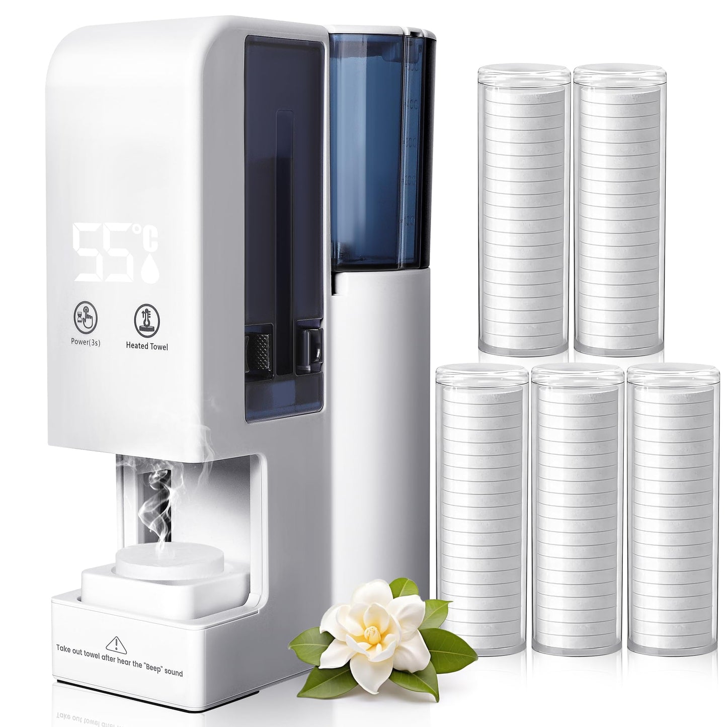 Hot Face Towel Heater Machine, Automatic Disposable Towel Warmer with Steam, 5-Second Heating, 55°C Constant Temperature, Portable Face Towel Steamer (1PC Towel Machine+100PCS Towels)
