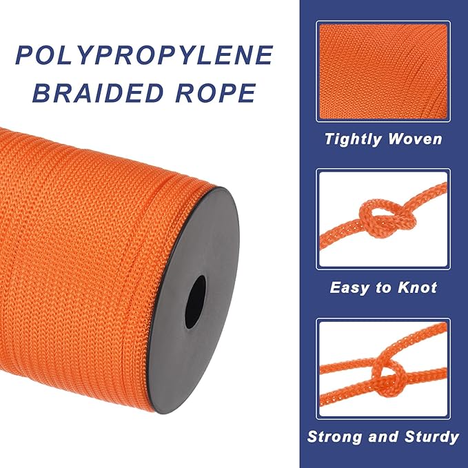 MECCANIXITY 5/32 Inch Polypropylene Rope Braided Ropes, 328ft Camping Rope Hollow Utility Cord for Clothesline, Hiking, Outdoor, Dark Orange
