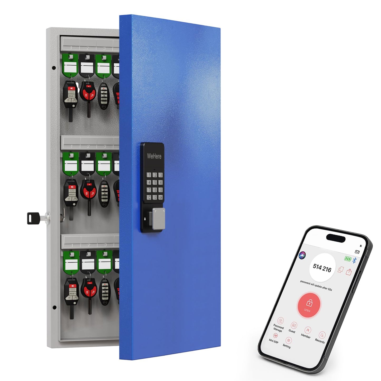WeHere 48-Key Smart Key Lock Box Wall-Mount, Key Cabinet with Key Management App(Track Key Borrow/Return), Keypad, Bluetooth & WiFi Unlock (Sold Separately) for Commercial, School, Rental, Office