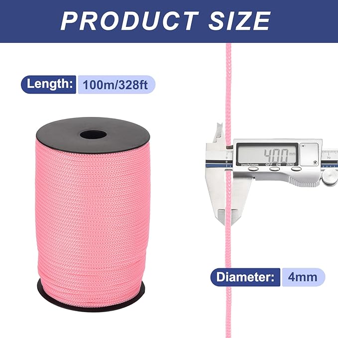 MECCANIXITY 5/32 Inch Polypropylene Rope Braided Ropes, 328ft Camping Rope Hollow Utility Cord for Clothesline, Hiking, Outdoor, Pale Pink