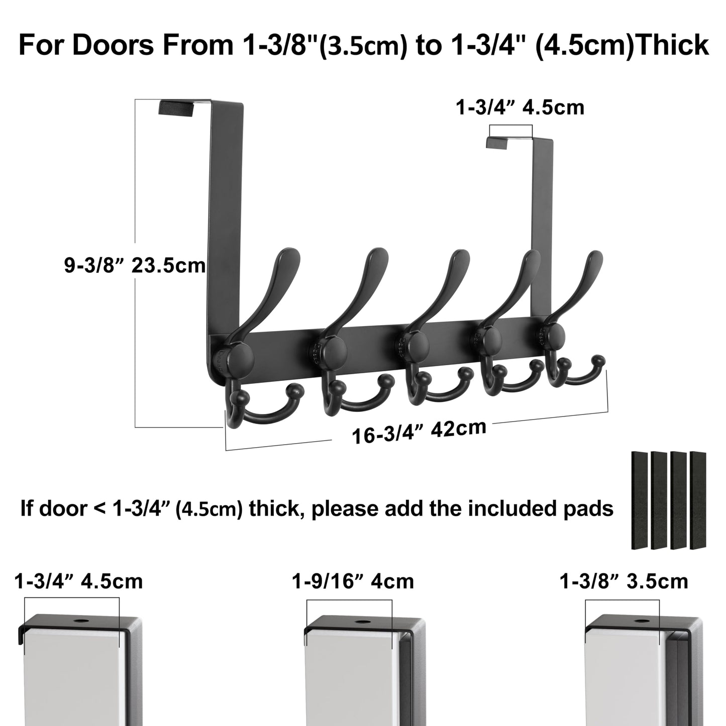 Dseap Over Door Hook 2.0 - Upgraded Version - Simple-Assembly, Strong, Heavy-Duty Stainless Steel 5-Tri-Hook Over the Door Hanger Rack, SimpleStrong Series, Black