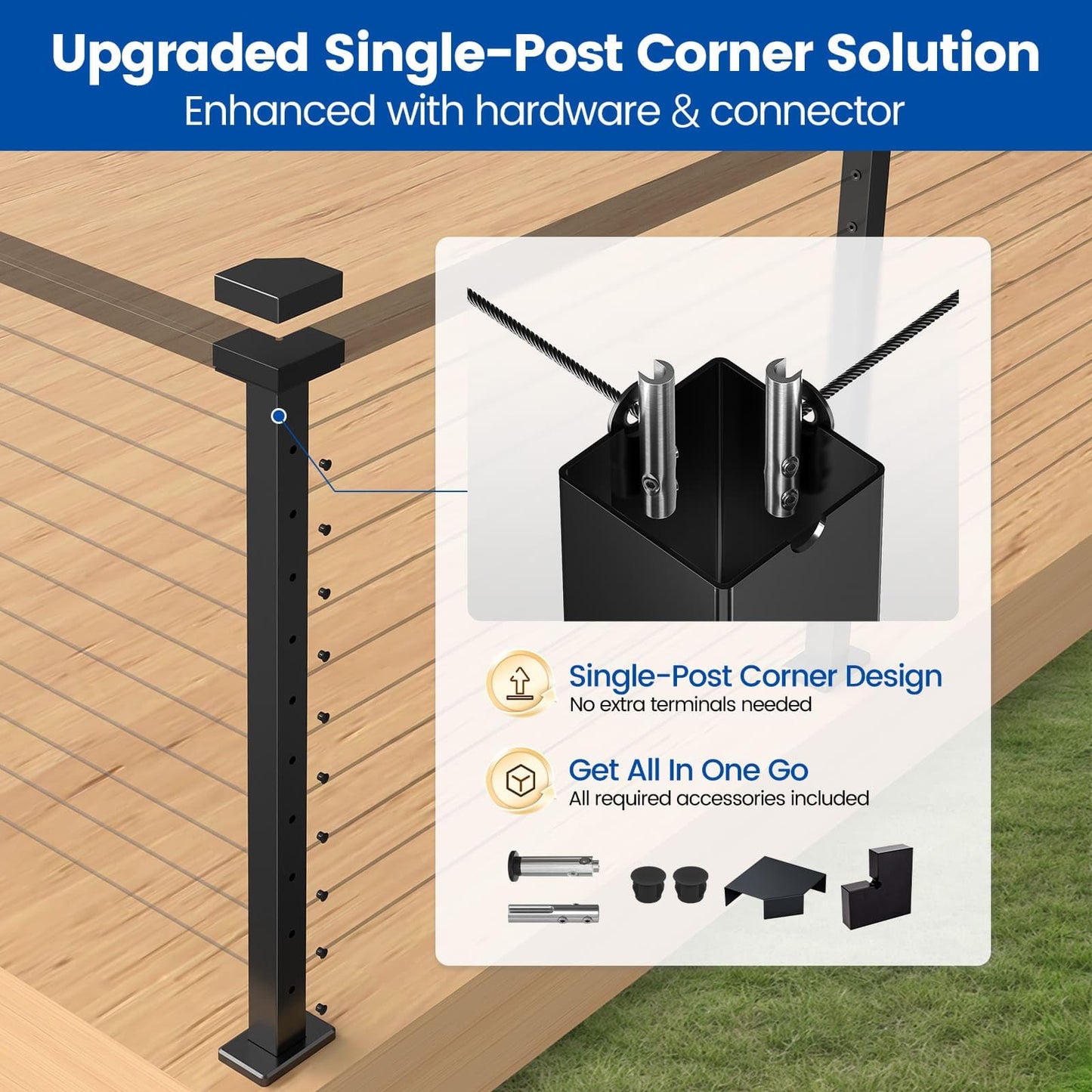 Muzata Black Corner 36 Inch Modular Cable Railing Post T-drilled One-Post Corner Solution Surface Mount Stainless Steel Cable Railing System Kit Indoor Outdoor Modular Post Kit RW39