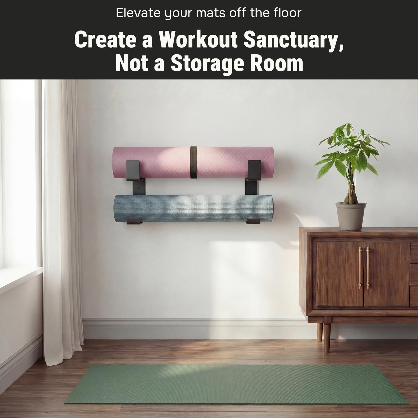 RoakyRoasy Yoga Mat Holder with Protective Padding Wall Mount Steel Storage Rack, 2 Tier Adjustable Width Hanger for up to 4 Foam Rollers, Easy Installation