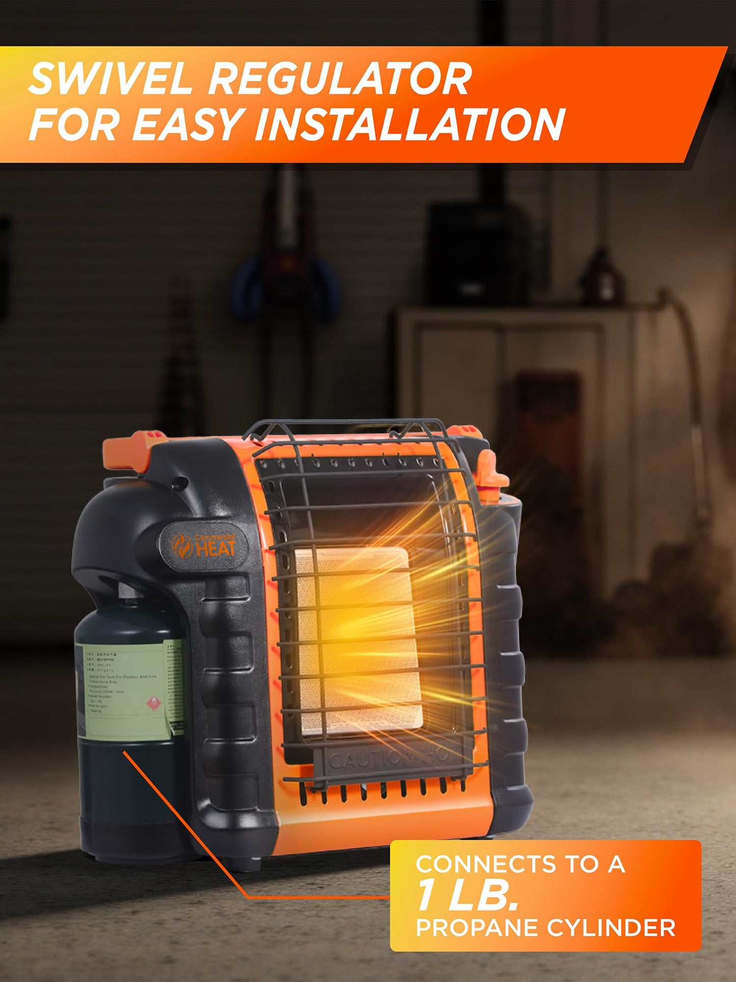 Commercial Heat 9000 BTU Portable Propane Heater for Outdoor Use, Patio Heater for Up To 300 Sq. Ft., 2 Heat Settings, Swivel Regulator Connects to 1 lb. Propane Tank, CHP9000O, Orange