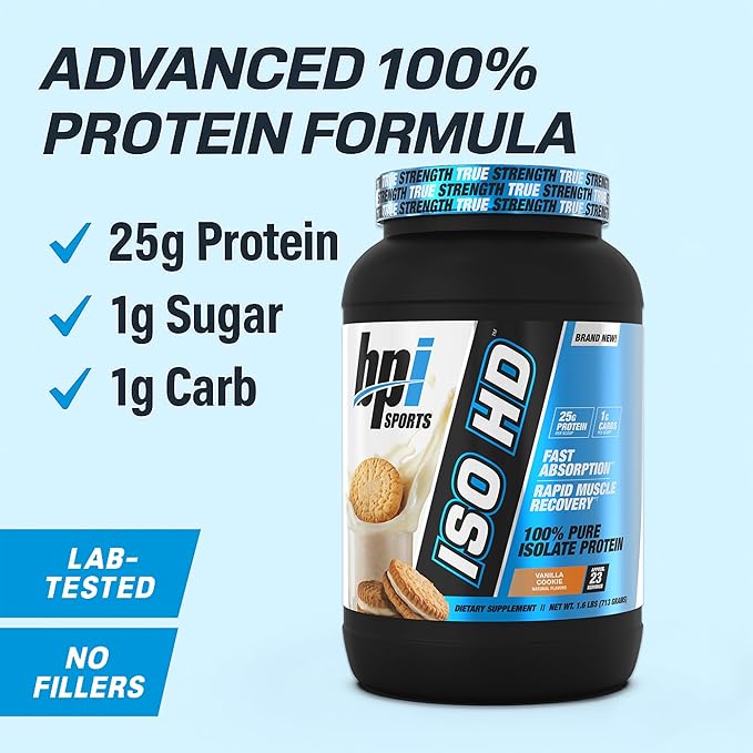 BPI Sports ISO HD Isolate Protein Powder ??100% Whey Isolate, Protein Powder for Muscle Gain - Vanilla Cookie - 1.6 Lb - 23 Servings