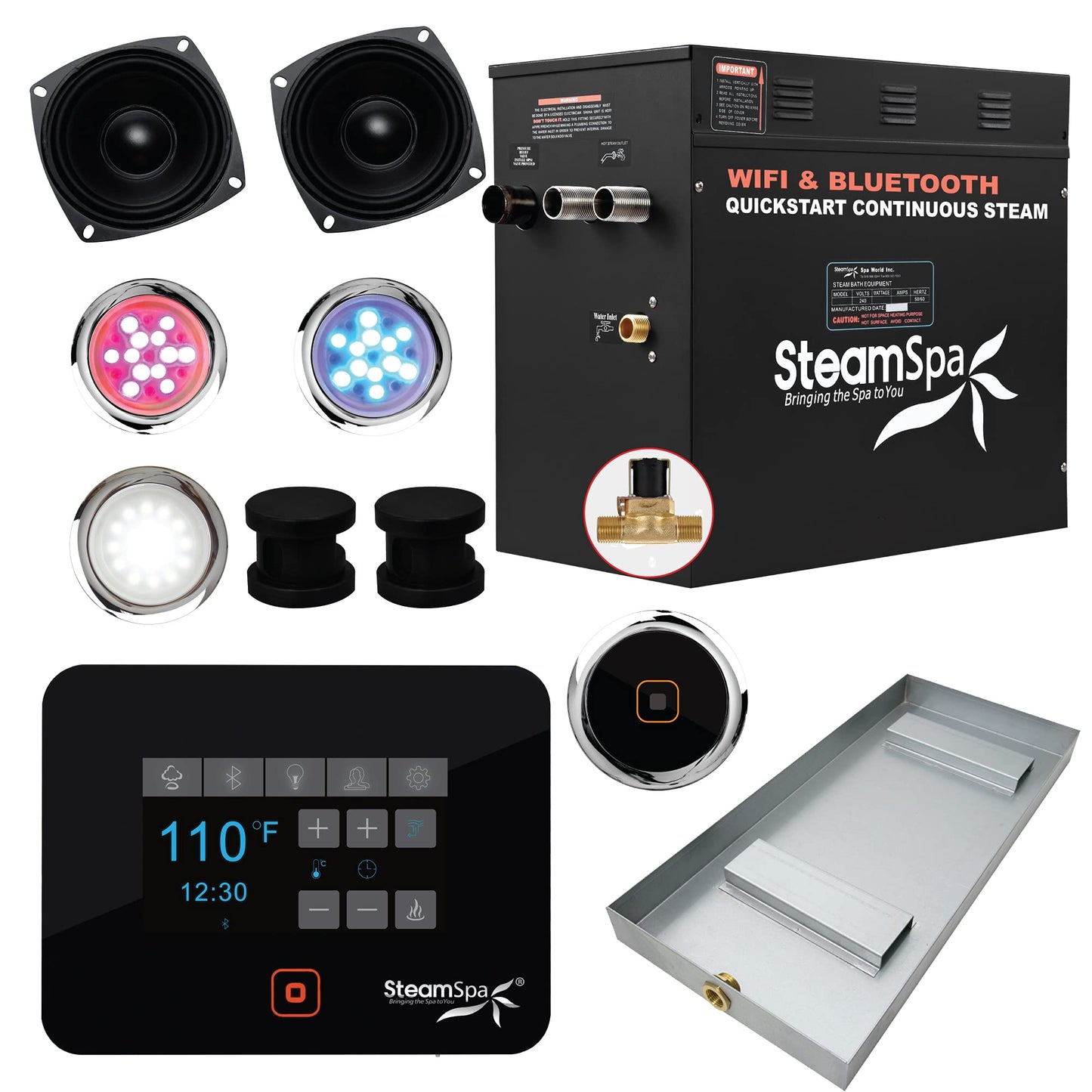 SteamSpa Generator with Quick Start Continuous Steam Technology, Wi-Fi, Bluetooth and Autodrain | 10.5kW Steam Generator with Black Steam Head with Aromatherapy Reservoir | RVB1050BK-A