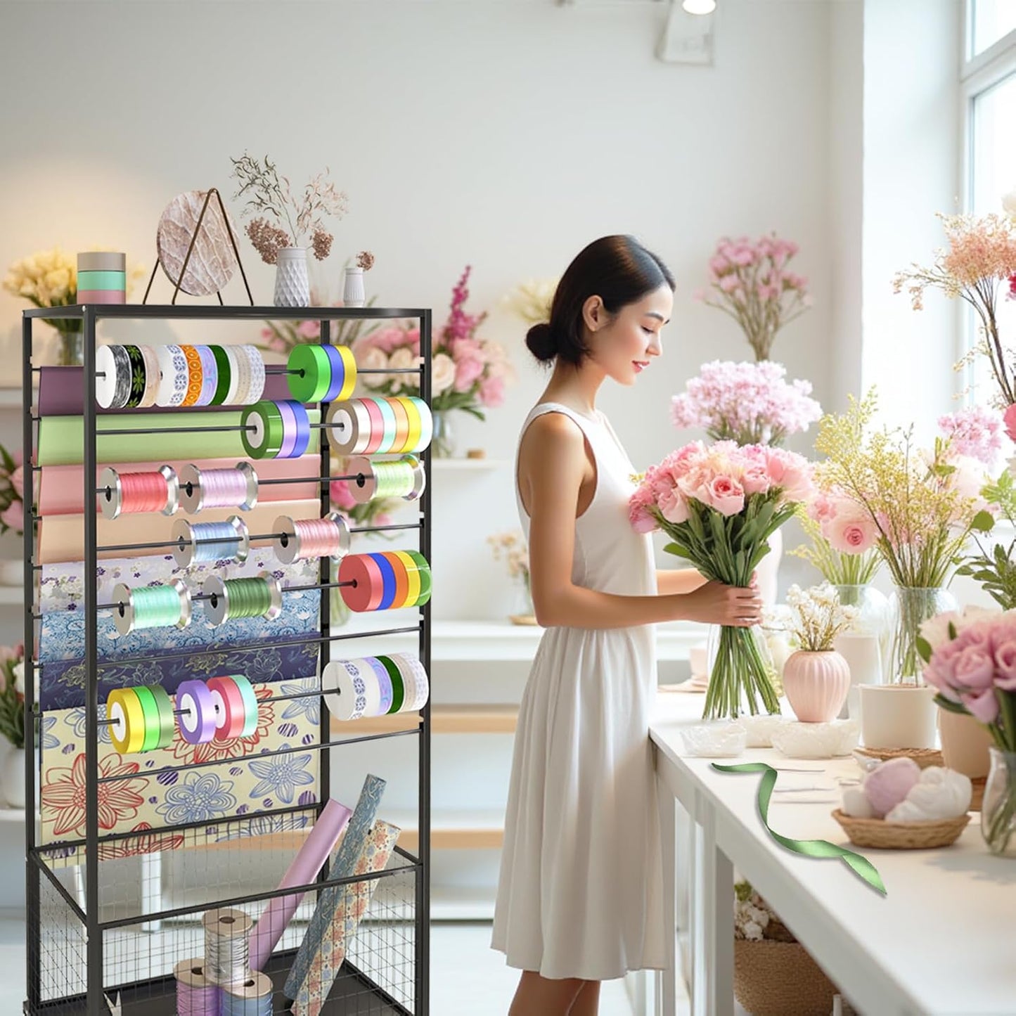 Skiennix 16-Tier Ribbon Organizer Rack - Double-Sided Storage Holder with Wheels for Craft Room